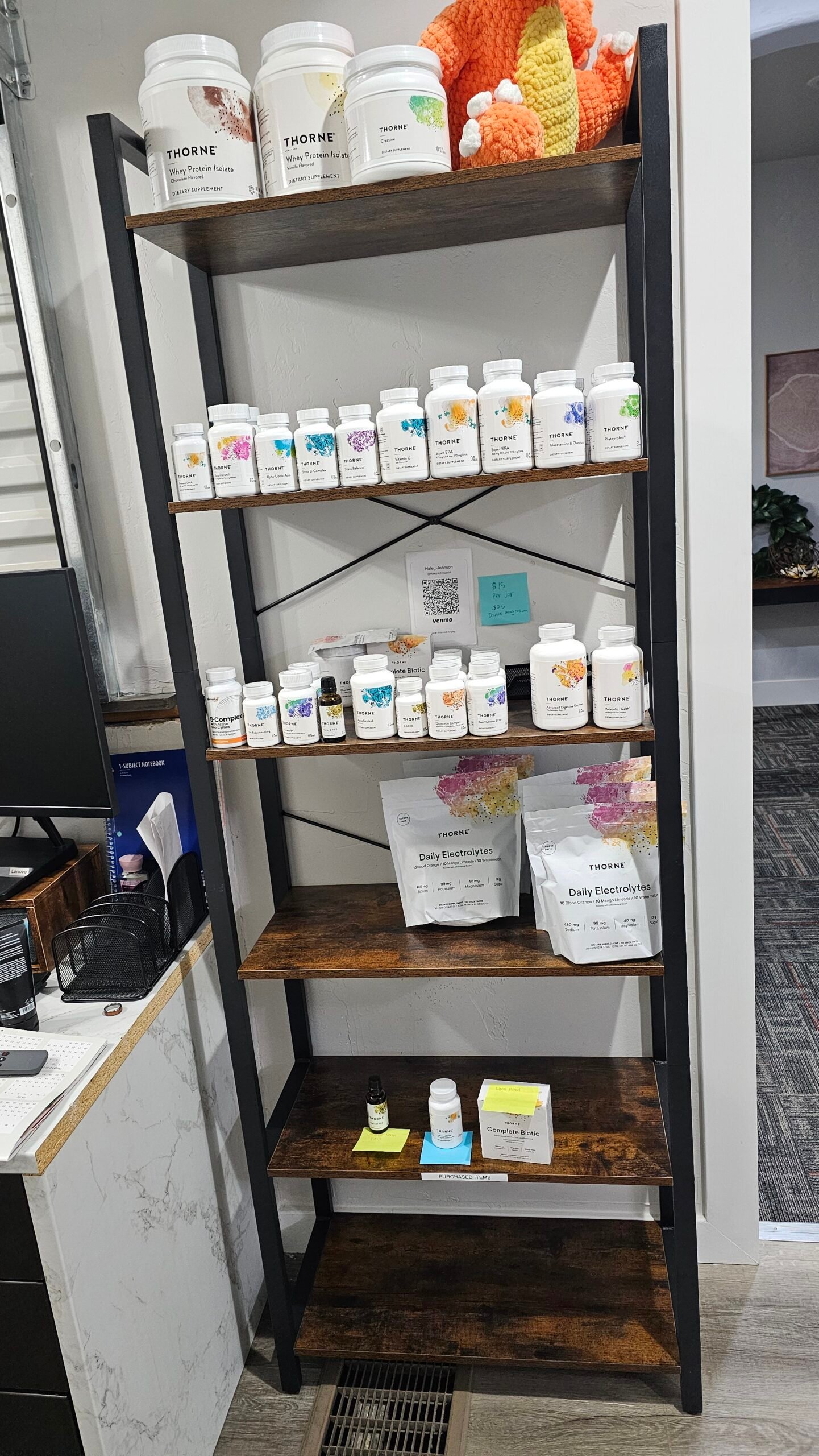 Thorne supplements displayed on shelf at Apex Chiropractic and Sports Rehab