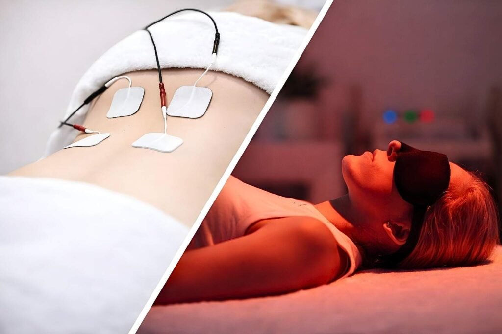 Split image of Pulsed Electromagnetic Field (PEMF) therapy showing electrode pads on a patient’s lower back and red light therapy in a calming clinical setting.