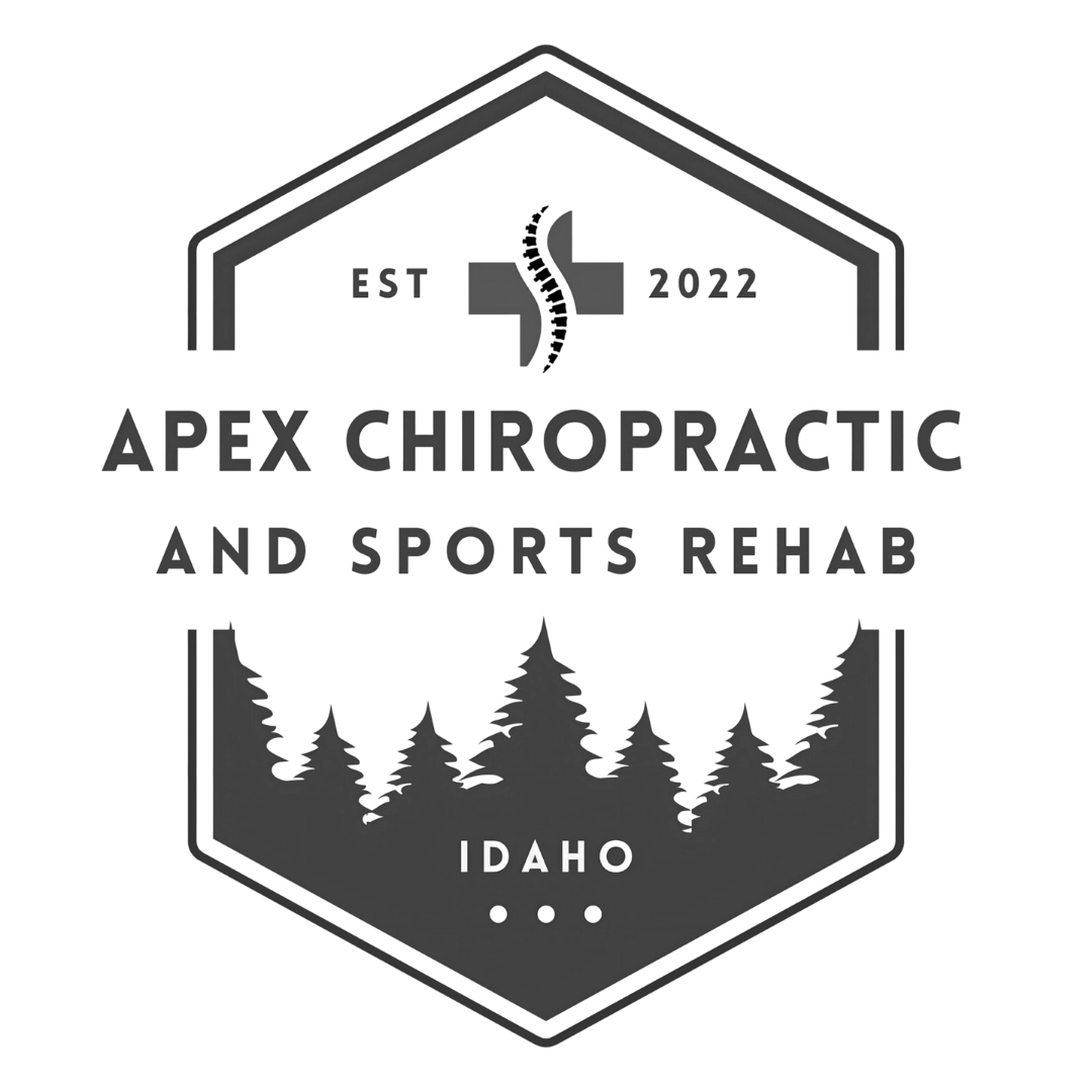 Badge-style Apex Chiropractic and Sports Rehab logo featuring pine trees, a modern spine icon, and text highlighting Preston Idaho chiropractic and sports therapy services.